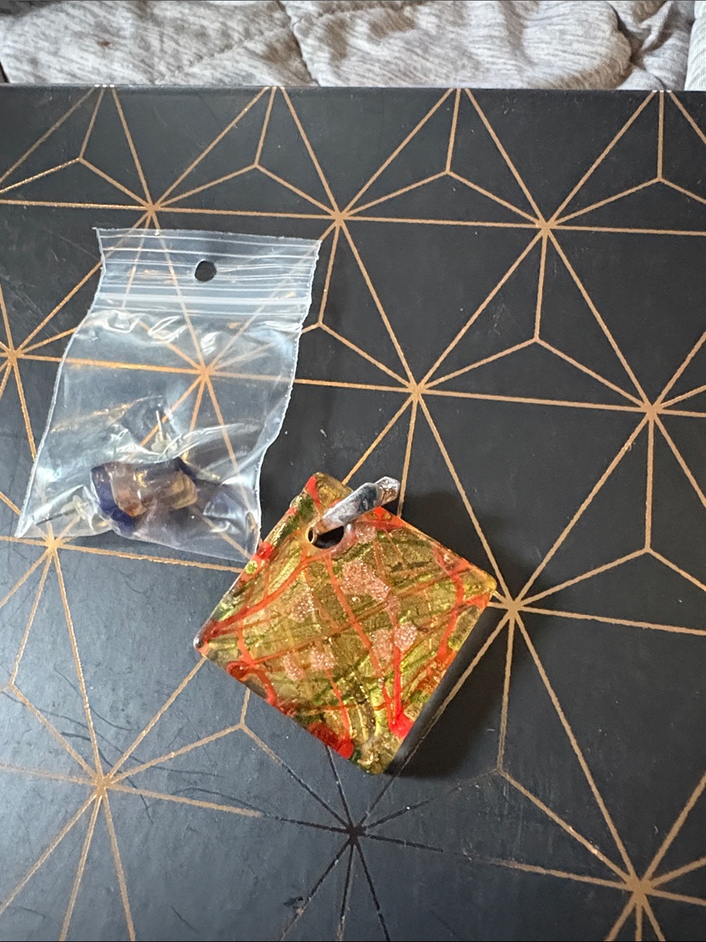Handmade Square Glass Pendant in Green and Red